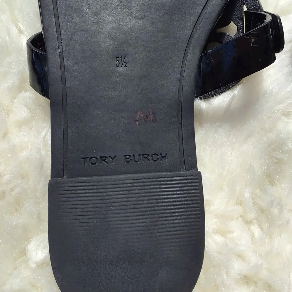 Tory Burch Miller Black Patent Logo Thong Sandals with Double Stacked T Logo